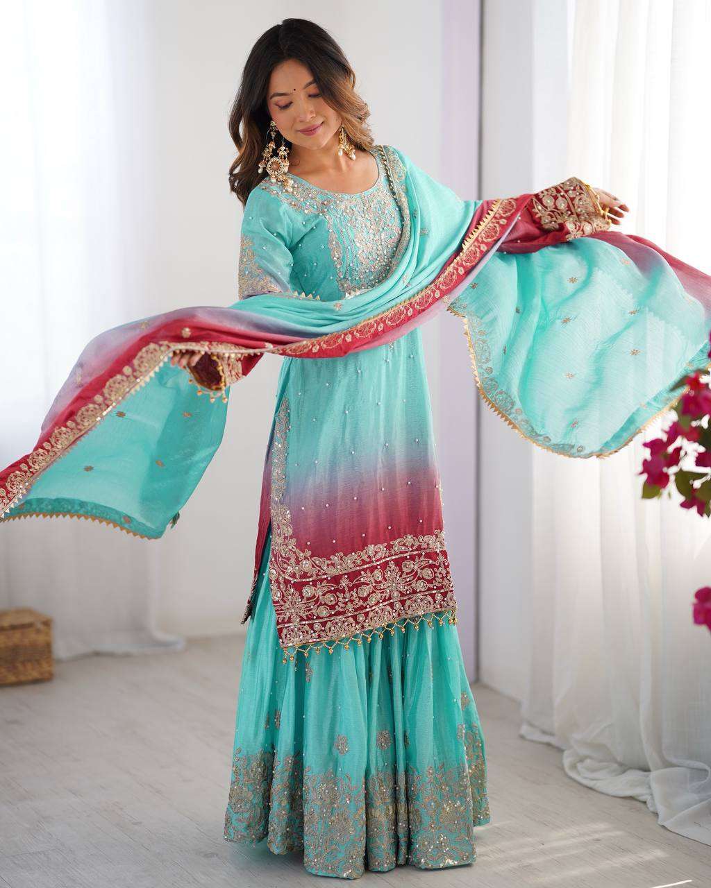 Women's Chinon Silk Sequence With Rivet Moti Work Straight Kurta With Sharara and Dupatta Set - Image 21