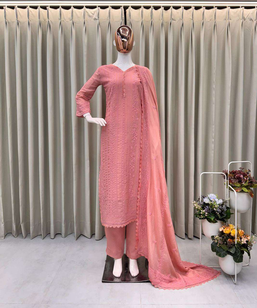 Women's Chinon Silk with Cotton Thread Embroidery Straight Kurti With Pant and Dupatta set - Image 2