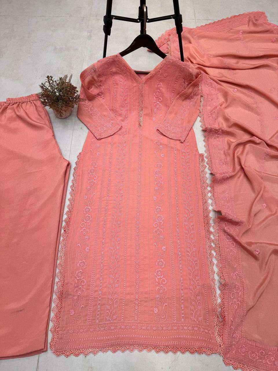 Women's Chinon Silk with Cotton Thread Embroidery Straight Kurti With Pant and Dupatta set - Image 4